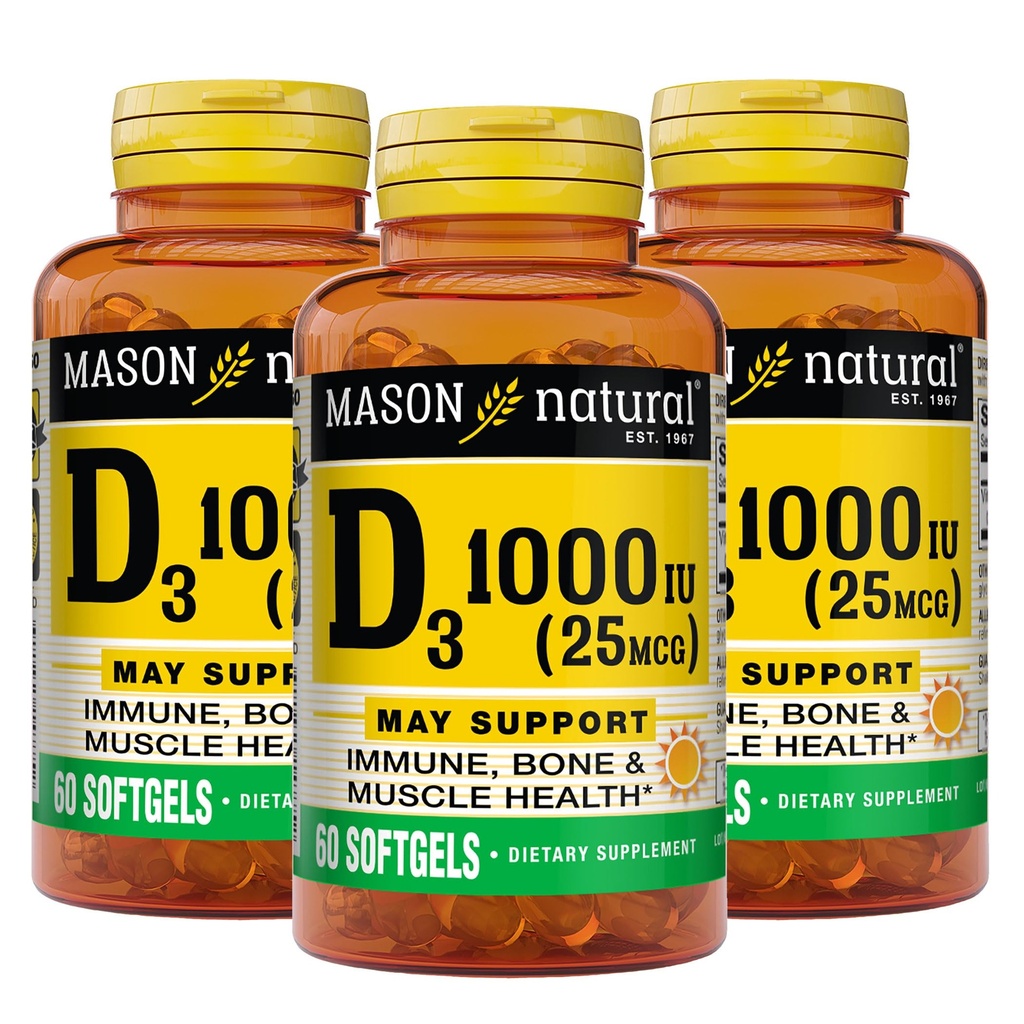 MASON NATURAL Vitamine D3 25 mcg (1000 UI), Bone & Immune Support, de l'huile de foie de poisson, 60 Softgels (paquet de 3)