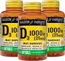 MASON NATURAL Vitamine D3 25 mcg (1000 UI), Bone & Immune Support, de l'huile de foie de poisson, 60 Softgels (paquet de 3)