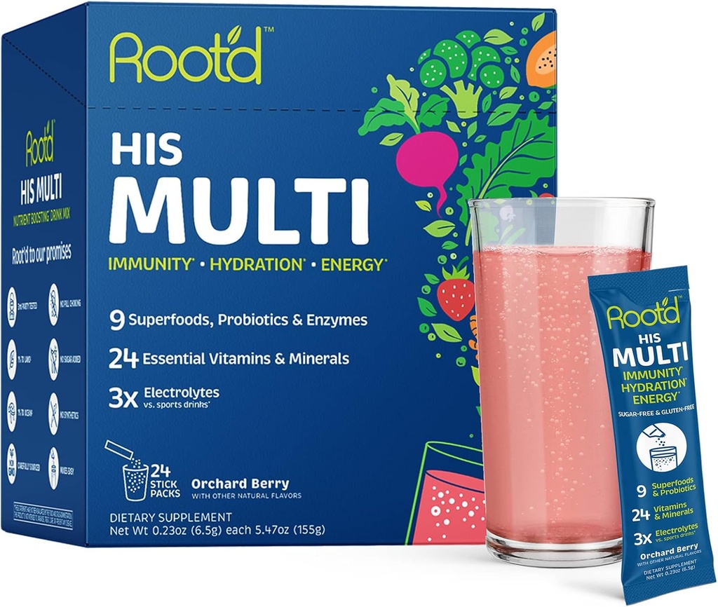 Root'd Multivitamine poudre avec 3X électrolytes pour les hommes - 24 vitamines et minéraux, 3X électrolytes, 9 superaliments biologiques, probiotiques et enzymes, sans sucre multivitamine et hydratation
