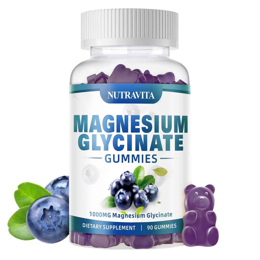 Magnésium Glycinat Gommies 1000mg avec Magnésium L-Thréonate, Supplément complexe de potassium de magnésium chélaté avec VitD, B6, CoQ10, Calcium, Supports pour la mémoire, Calme, Mood - 90 Gommies Blueberry
