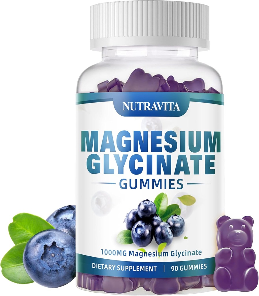 Magnésium Glycinat Gommies 1000mg avec Magnésium L-Thréonate, Supplément complexe de potassium de magnésium chélaté avec VitD, B6, CoQ10, Calcium, Supports pour la mémoire, Calme, Mood - 90 Gommies Blueberry