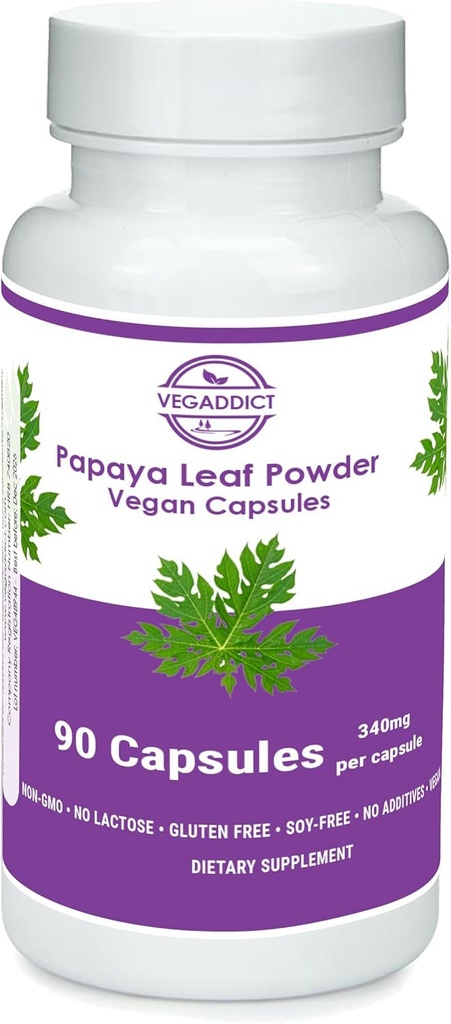 Papaya Poudre de feuille de 340mg Capsules de 340mg Ethycally source: support plaquettaire: sans gluten et lactose: sans soja: sans additifs: sans OGM: supplément alimentaire: supplément alimentaire: (90X)
