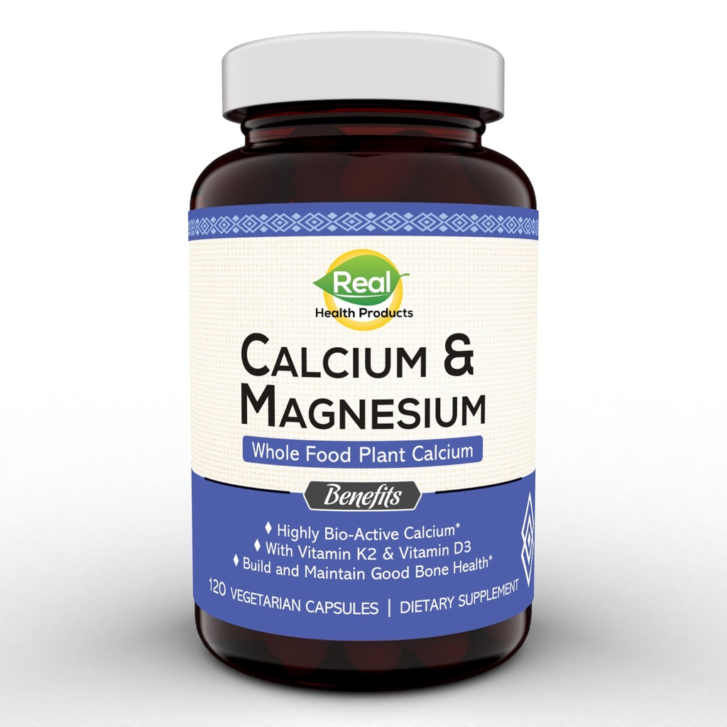 Calcium végétal et supplément de magnésium avec Boron, Vitamine D3 & K2 MK-7 - Rapport Calcium-Magnésium optimal pour la force osseuse et la santé, végétalien, non-OGM, sans allergène, 120 capsules
