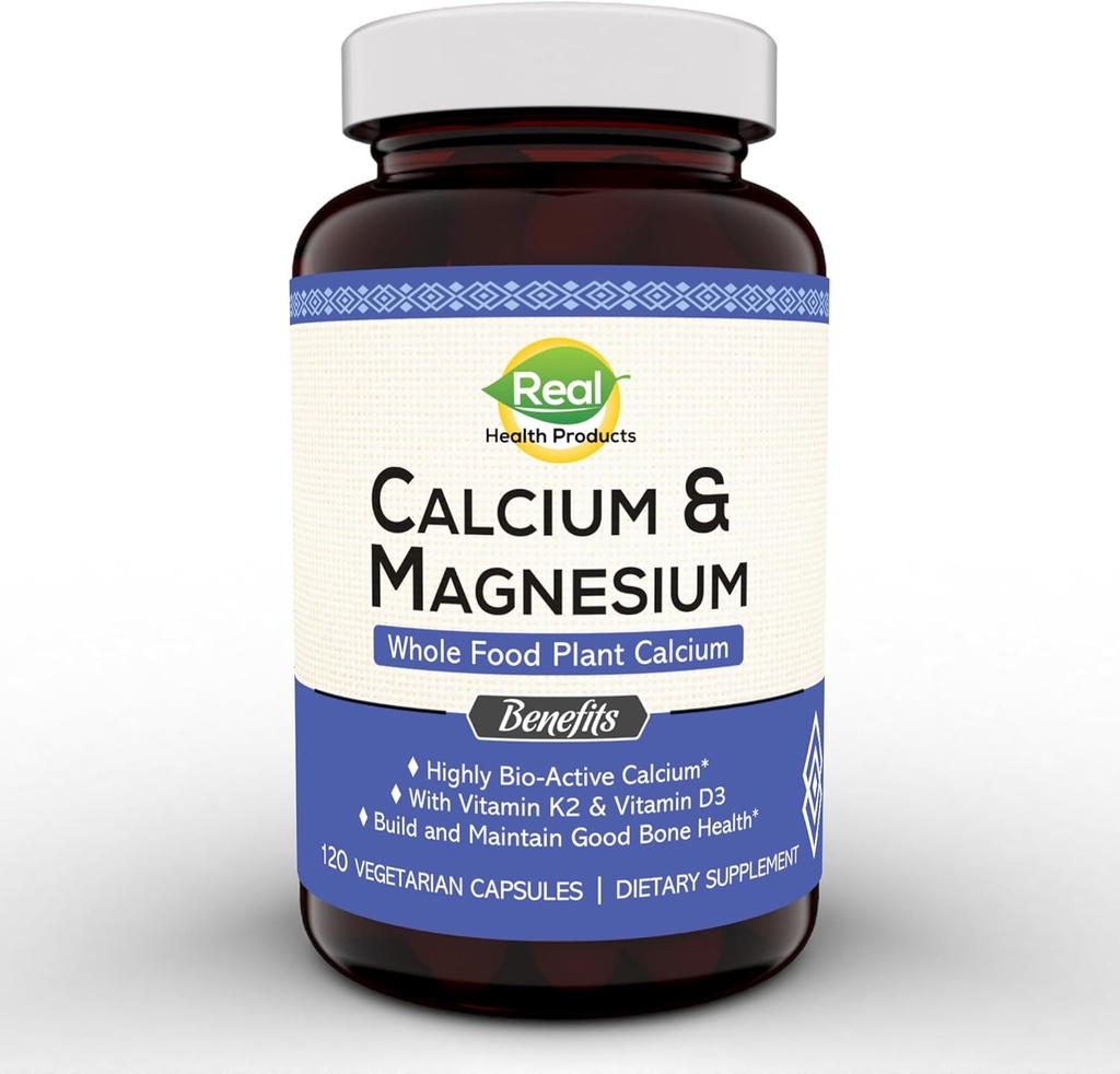 Calcium végétal et supplément de magnésium avec Boron, Vitamine D3 & K2 MK-7 - Rapport Calcium-Magnésium optimal pour la force osseuse et la santé, végétalien, non-OGM, sans allergène, 120 capsules
