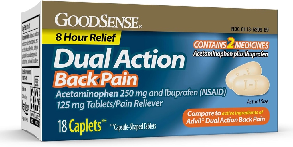 Comprimés GoodSense Dual Action Acétaminophène et Ibuprofène (NSAID), 250 mg/125 mg, Douleur dorsale, 18 Nombre