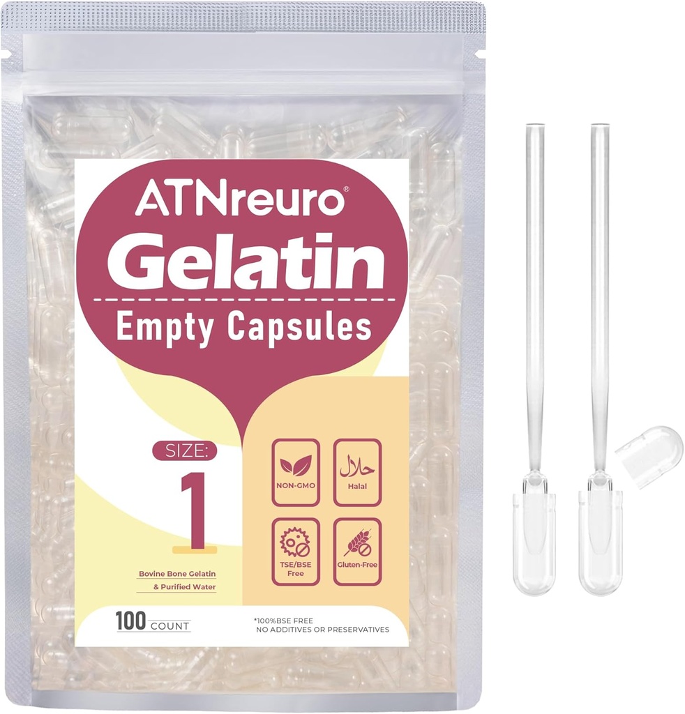 Taille 1 Capsules de gélatine vides avec 2 microspoons - 100 Compte Capsule vide - Gel Pill Capsules pour suppléments de poudres