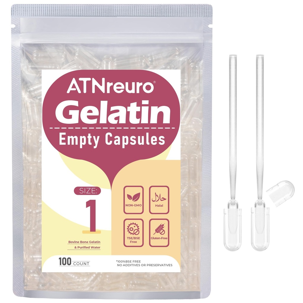 Taille 1 Capsules de gélatine vides avec 2 microspoons - 100 Compte Capsule vide - Gel Pill Capsules pour suppléments de poudres