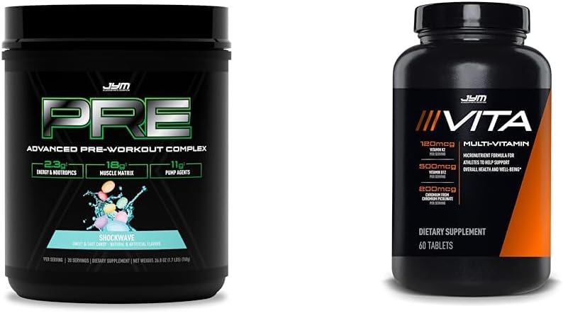 PRE JYM X - Poudre de préentraînement Shockwave et multivitamine sportive Vita JYM pour athlètes 60 comprimés