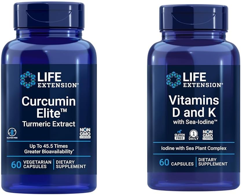 Prolongation de vie Curcumine Elite Extrait curcuma, favorise une réponse inflammatoire saine et les vitamines D et K avec l'iode de mer, vitamine D3, vitamine K1 et K2
