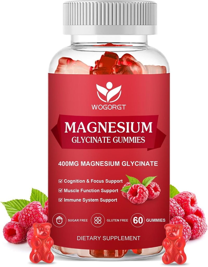 400mg Glycinat de magnésium Gommies avec 200mg de malate de magnésium, vitamine D, B6 et CoQ10, supplément de glycinat de magnésium pour la relaxation et la cognition, sans sucre, saveur de framboise - 60 Gommies