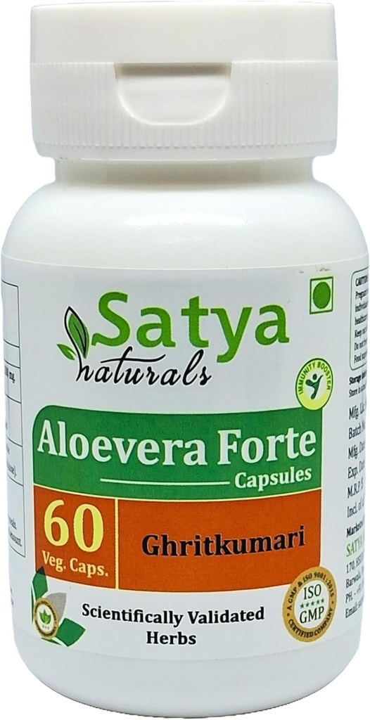Aloevera Forte Capsules 500 mg. 60 Veg. Capsules | Aloevera (Ghritkumari) Extract Capsules for Men and women | One month Supply | Ayurvedic Herbal Supplement/Remedies (1 Bottle of 60 Capsules)