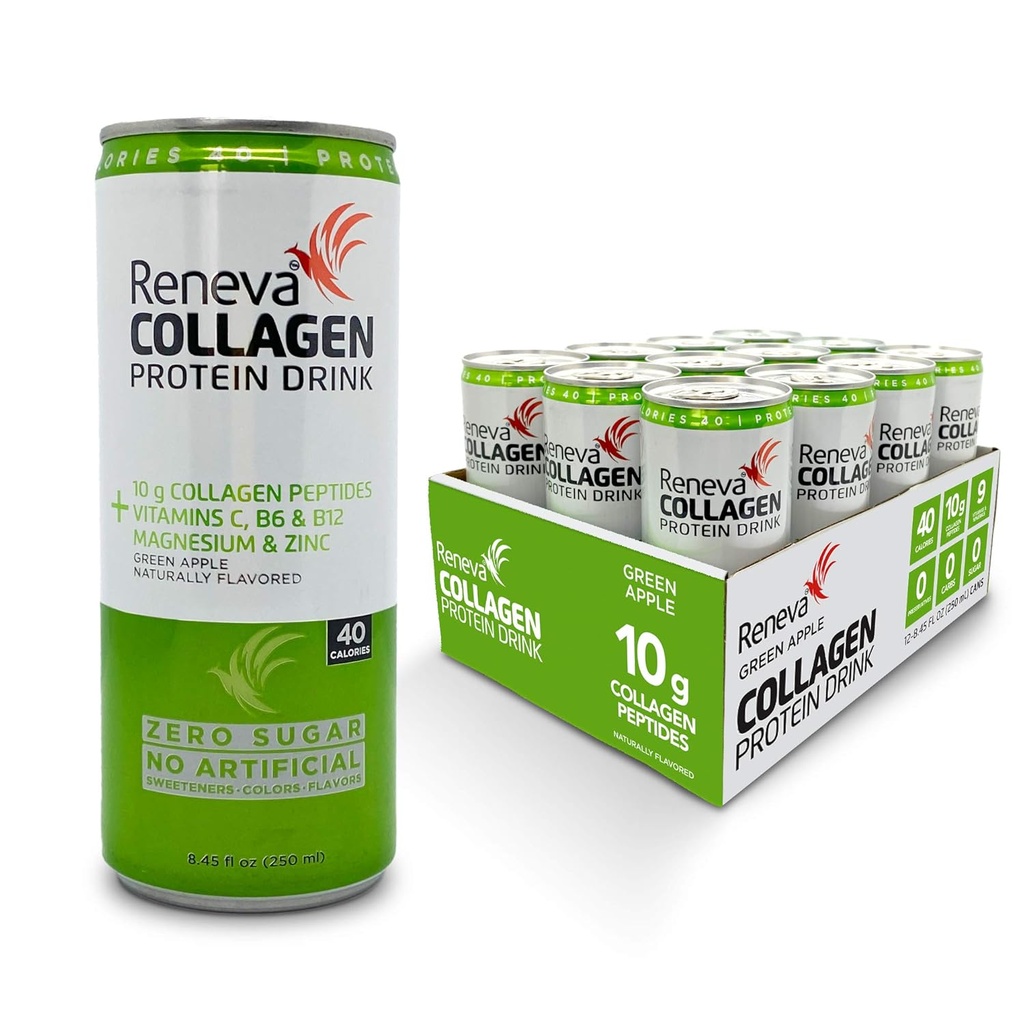 Boissons de protéines de colagène de Reneva - 10g de peptides de collagène, d'électrolytes, de vitamine B, de zinc et de sucre zéro (pomme verte)
