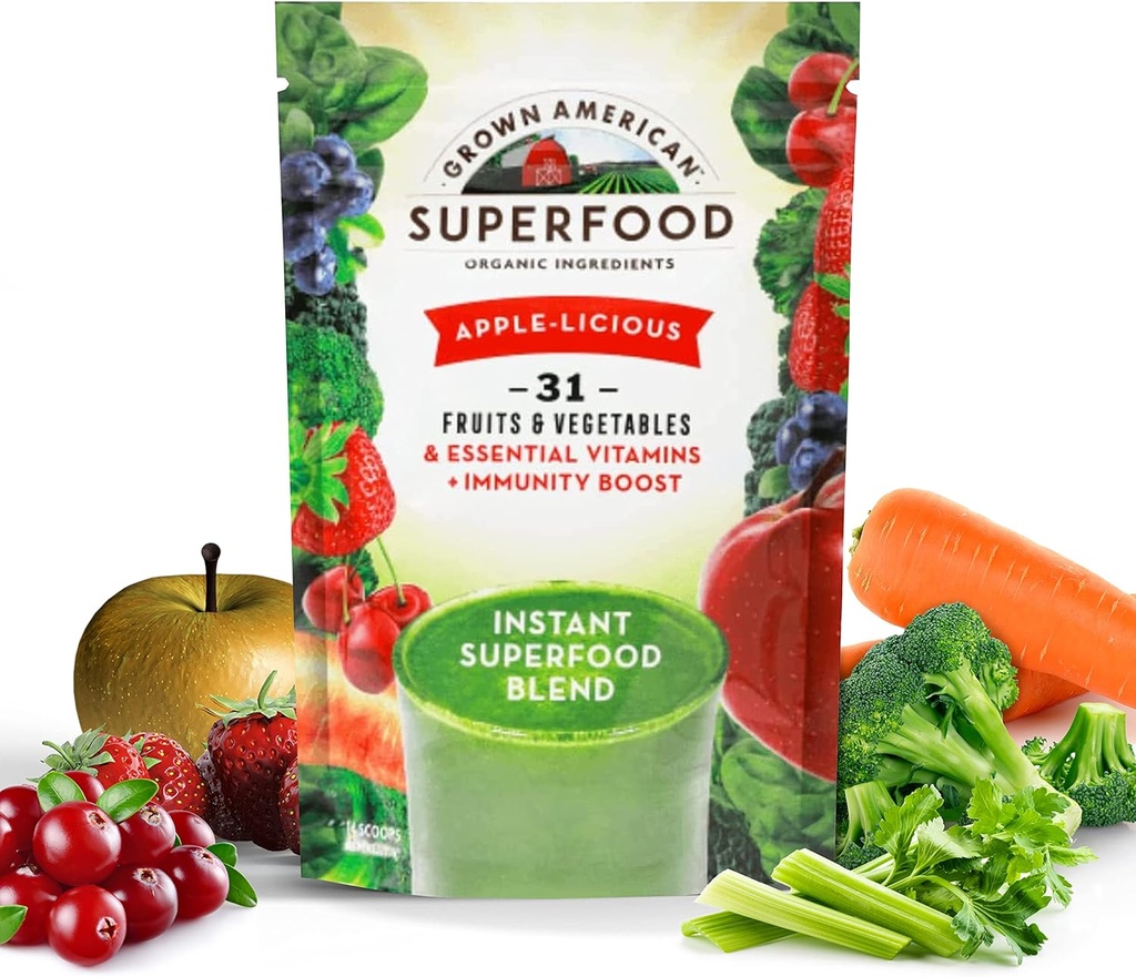 Grown American Superfood Ultra Vita-Immune Blend - 31 Fruits et légumes entiers biologiques concentrés Poudre verte Augmenter l'énergie et la performance - 100% Vegan Non-OGM (14 portions, 1 sac)