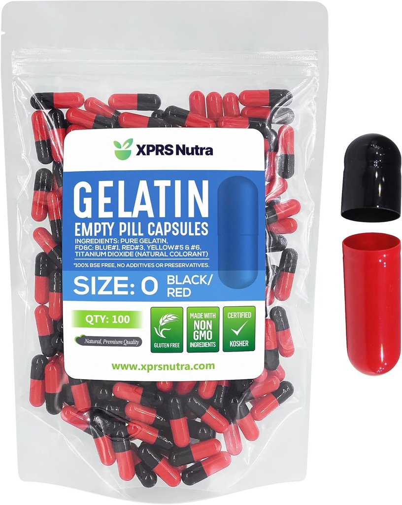 XPRS Nutra Taille 0 Capsules vides - 100 Compte Capsules de gélatine vides - Pills Bricolage Capsule Remplissage - Pure Pill Gel Caps pour Do-It-Youlf Suppléments (Noir/Rouge)