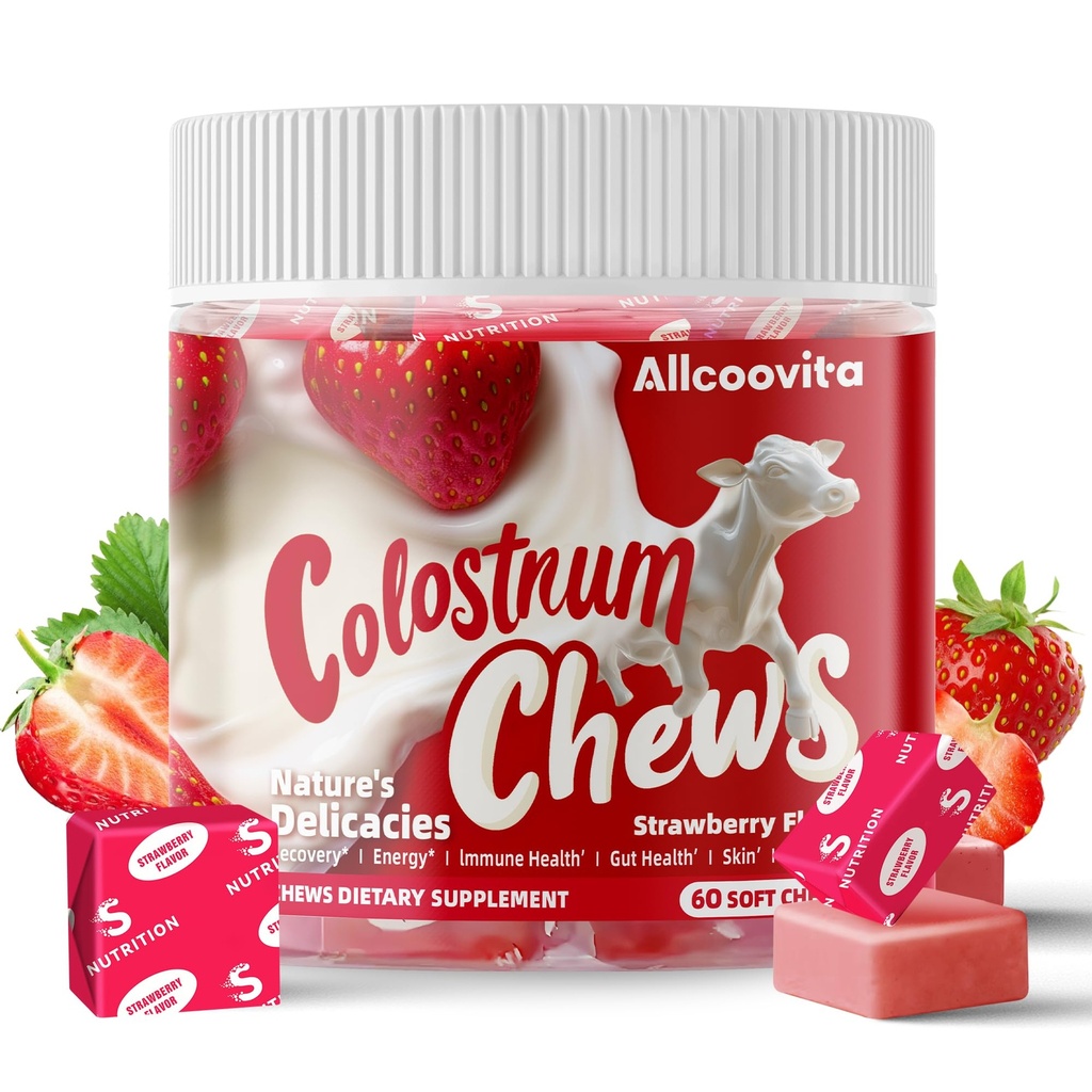 Bovine Colostrum Supplément à croustilles avec des probiotiques pour la santé de Gut, Bloating, Immune Support, la peau, la croissance des cheveux et la beauté - Fraise Flavor (60 portions)
