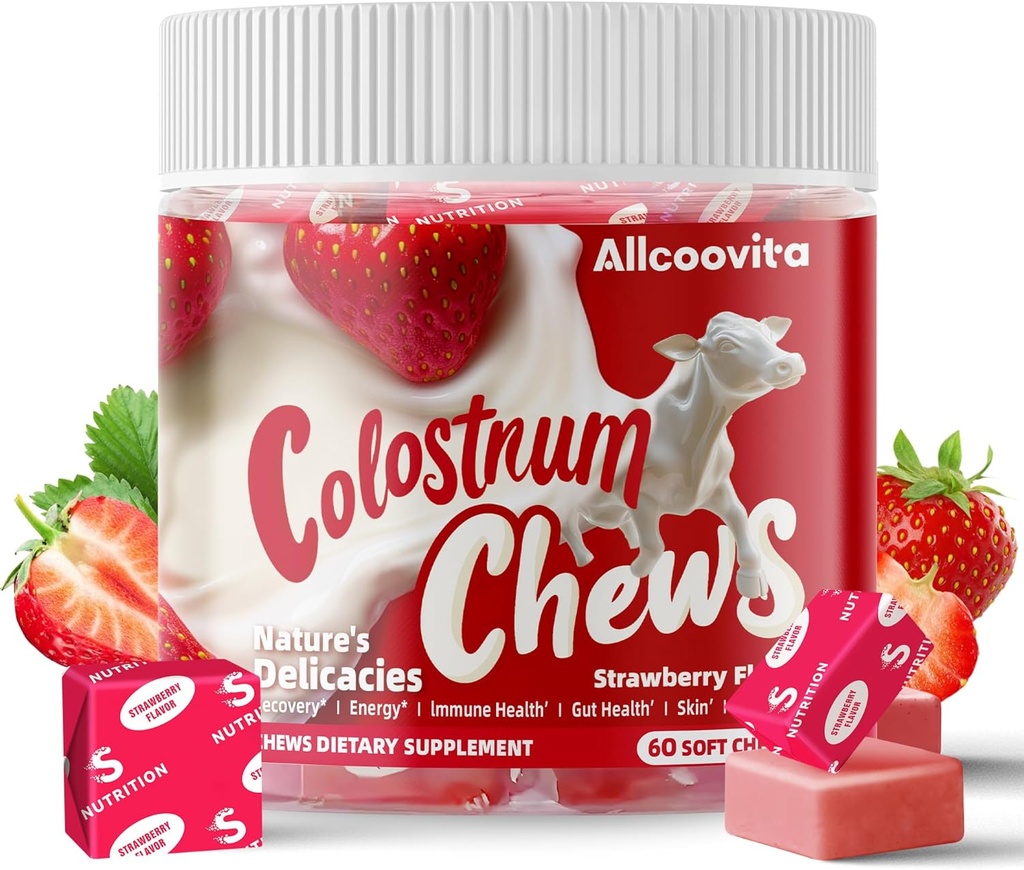 Bovine Colostrum Supplément à croustilles avec des probiotiques pour la santé de Gut, Bloating, Immune Support, la peau, la croissance des cheveux et la beauté - Fraise Flavor (60 portions)