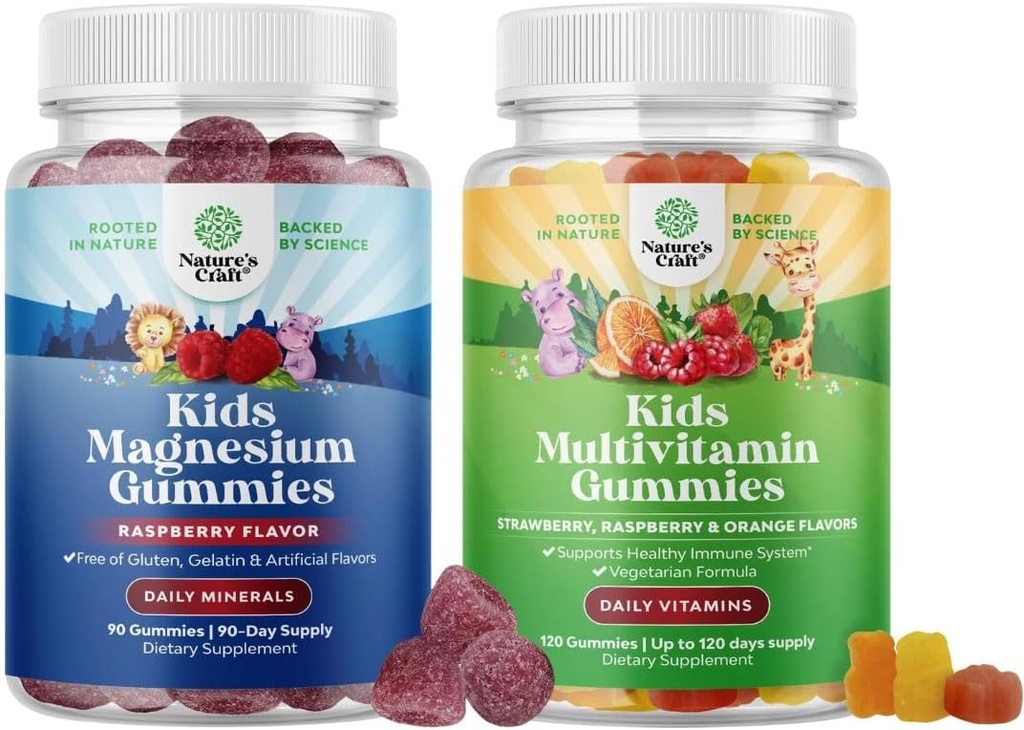 Bundle of Kids Magnésium Gummies - Supplément pour la santé nerveuse, les muscles et le soutien cardiaque sain, et les enfants à base de plantes Multivitamine Gummies - Multivitamine pour le soutien immunitaire avec des vitamines A C D3 E B