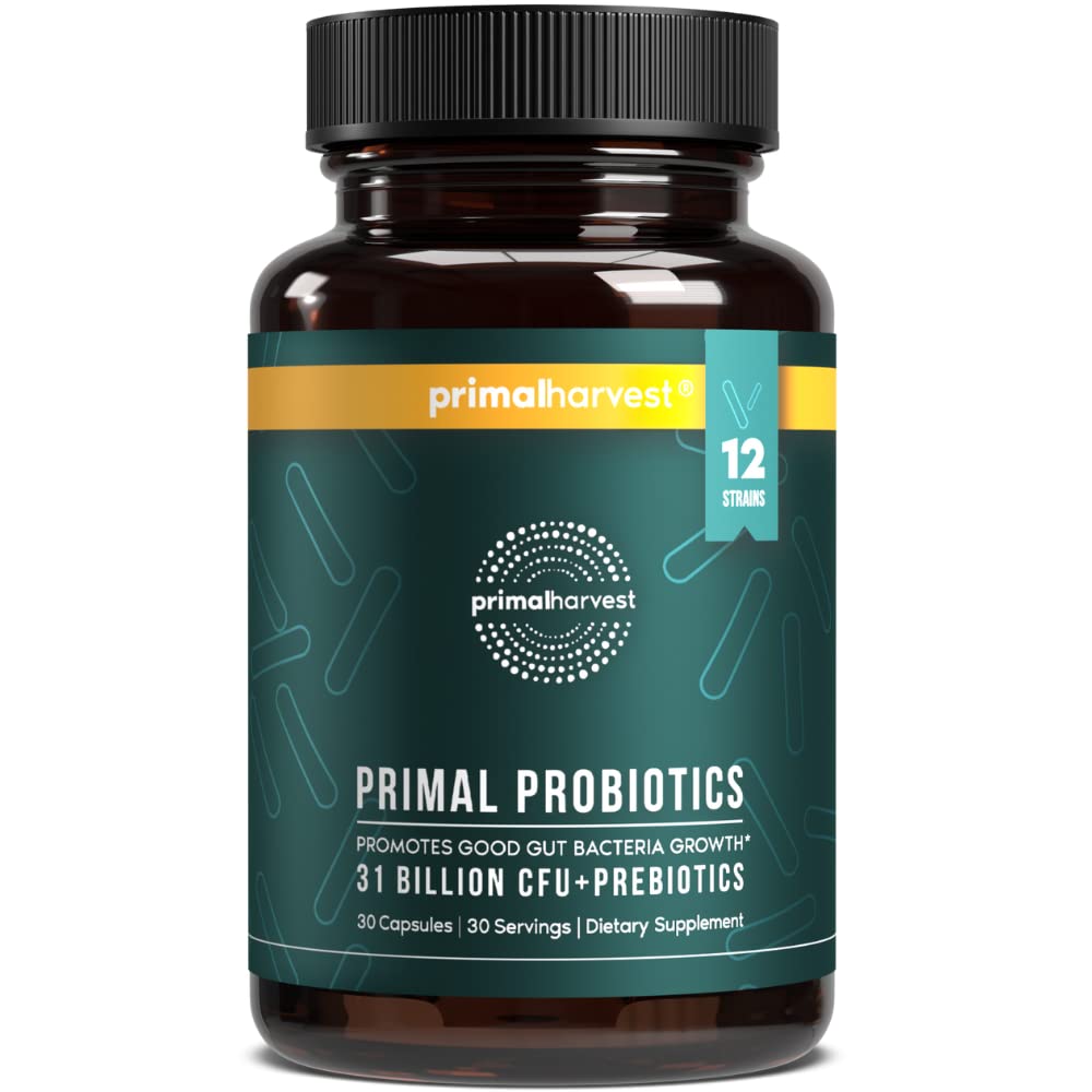 Primal Récolte Probiotiques pour les femmes et les hommes Supplément probiotique quotidien avec 12 souches pour la santé Gut et digestif 30 capsules