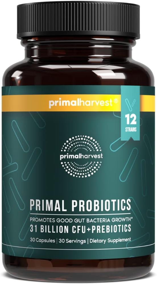 Primal Récolte Probiotiques pour les femmes et les hommes Supplément probiotique quotidien avec 12 souches pour la santé Gut et digestif 30 capsules