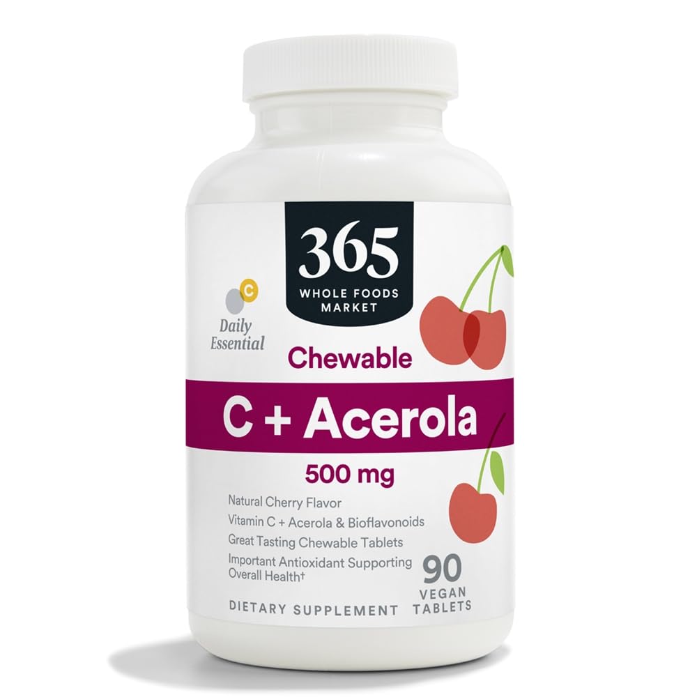365 par marché des aliments entiers, Chewable C + Acerola C 500mg, saveur de cerise naturelle, végétalien, 90 comprimés