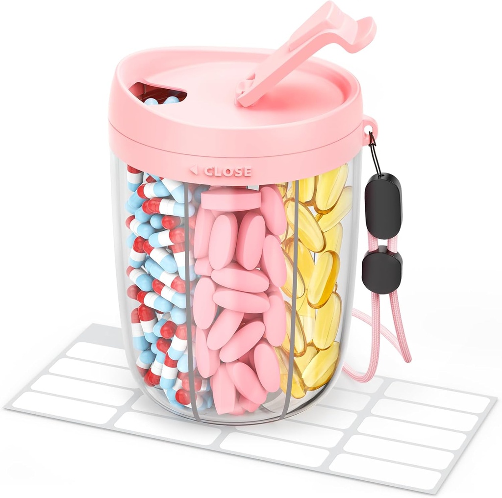 Grand distributeur de pilules avec 6 compartiments, Organisateur de pilules anti-Mix avec large ouverture et facile de récupération, Organisateur de vitamines pour les voyages, Boîte à pilules sans BPA avec une sangle, Rose