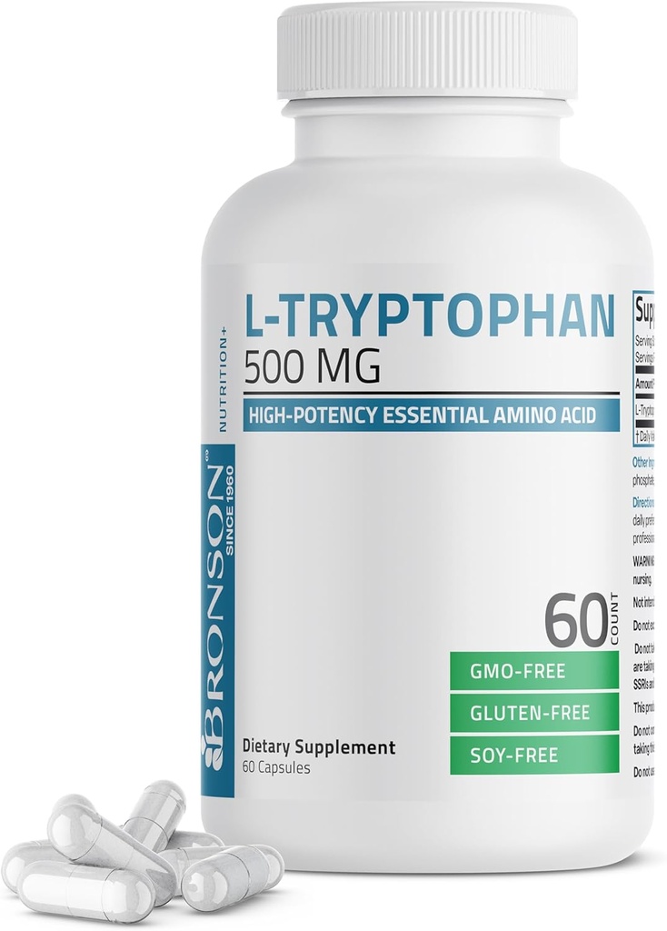 Bronson L-Tryptophane 500 MG Acid Amino Essential High Potency soutient la relaxation et l'humeur positive support non-OGM, 60 capsules