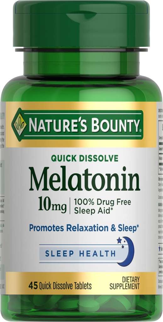 Nature's Bounty Melatonin, 100% sans médicament aide au sommeil, complément alimentaire, favorise la relaxation et la santé du sommeil, 10mg, 45 comprimés à dissoudre rapidement