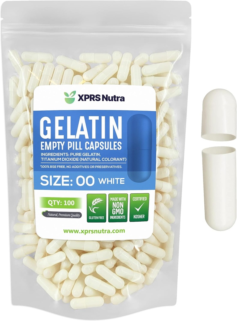 XPRS Nutra Taille 00 Capsules vides - 100 Capsules de gélatine vides de compte - Remplissage de la gélule de bricolage - Capsules de gel de pilules rechargeables pour compléments Do-It-Youlf (Blanc)