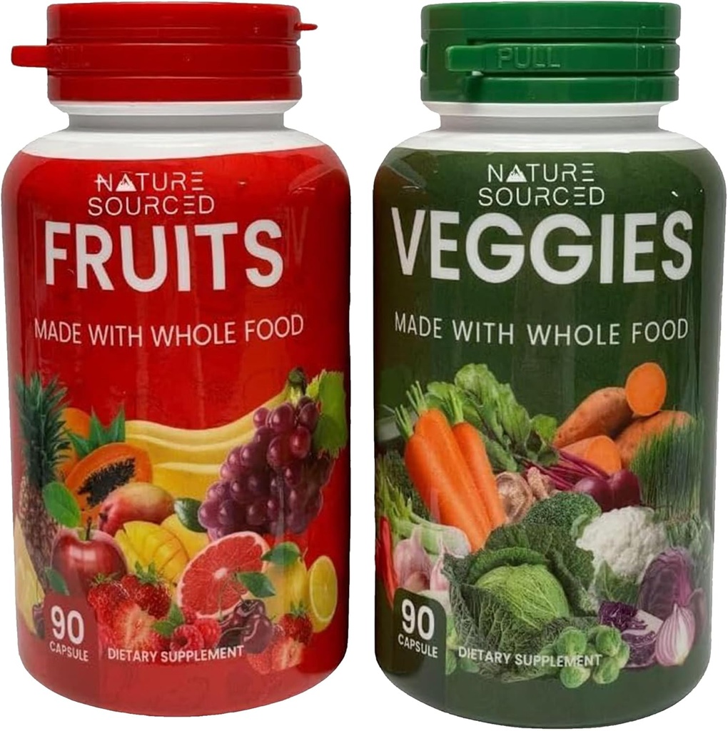 Complément alimentaire complet Fruits et légumes Supplément alimentaire entier avec des fruits et légumes pour les femmes, les hommes et les enfants — 90 capsules de fruits, 90 capsules de légumes (paquet de 2)