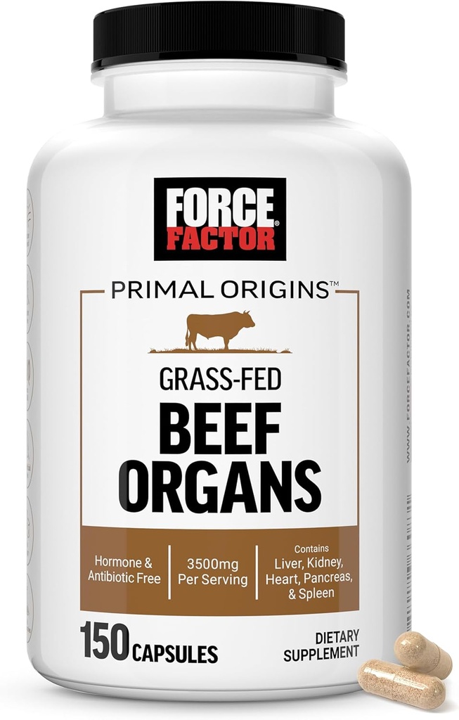 FACTEURS DE FORCE Origines primaires Organes de boeuf nourris à l'herbe, supplément aux pâturages avec foie, rein, coeur, pancréas et rate, sans hormones et antibiotiques, sans OGM, 3500mg, 150 capsules