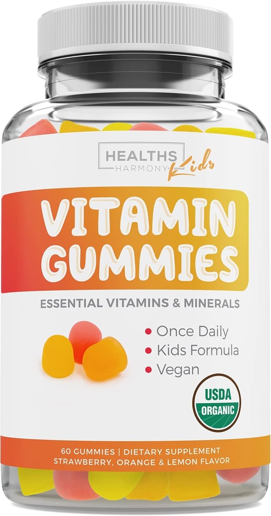 Gommies de vitamines organiques pour enfants de l'USDA (non-OGM) Saveurs de fruits naturels ignifugés - Gommies multivitamines complètes pour enfants : vitamine C, D, B, A, Zinc - Supplément pour l'énergie, l'humeur, le soutien immunitaire - 60 vitamines ignifugées