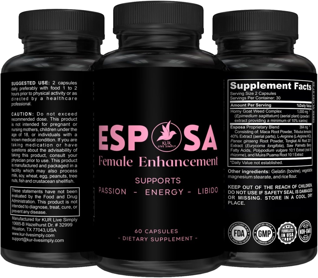 Esposa Female Libido Booster pour les femmes – Reignite Passion, Augmenter l'énergie et la sensibilité, Boost Mood & Desire – Fabriqué aux États-Unis pilules d'amélioration naturelle de la femelle avec herbe de chèvre en chaleur – 60 capsules
