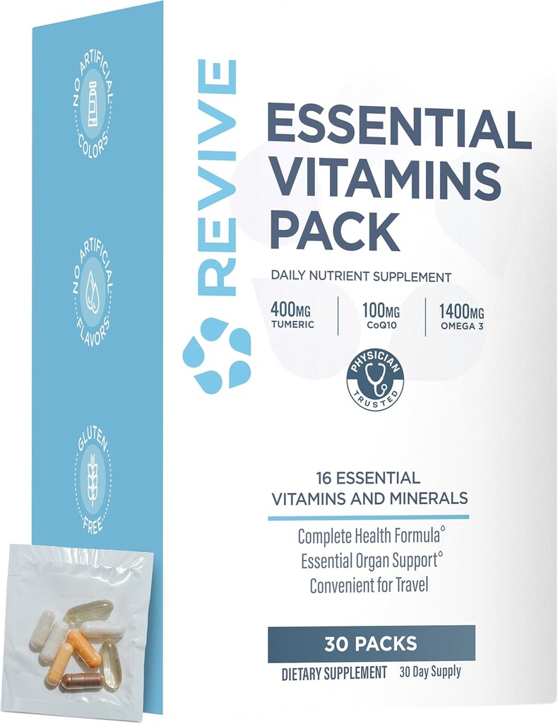 Revive MD Packs de vitamines essentielles pour les femmes et les hommes, Pack de vitamines suppléments nutritionnels quotidiens - Packs de multivitamines voyage-friendly avec Arjuna et l'extrait de curcuma soutien santé coeur, articulations et organes