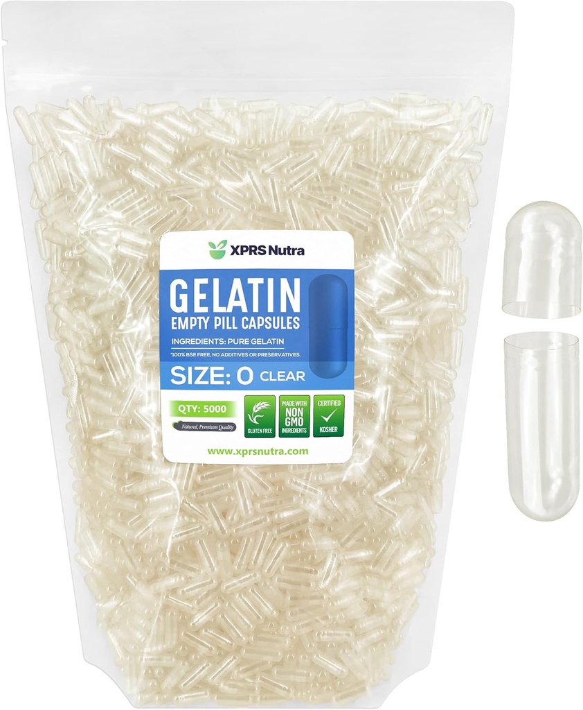 XPRS Nutra Taille 0 Capsules vides - 5000 Compter Effacer Capsules de gélatine vide - Pills Bricolage Capsule Remplissage - Pure Pill Gel Caps pour Do-It-Youlf Suppléments