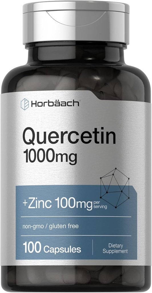 Horbäach Quercetin 1000mg Capsules avec 100mg de zinc 100 Nombre 100 Non-OGM, Supplément sans gluten