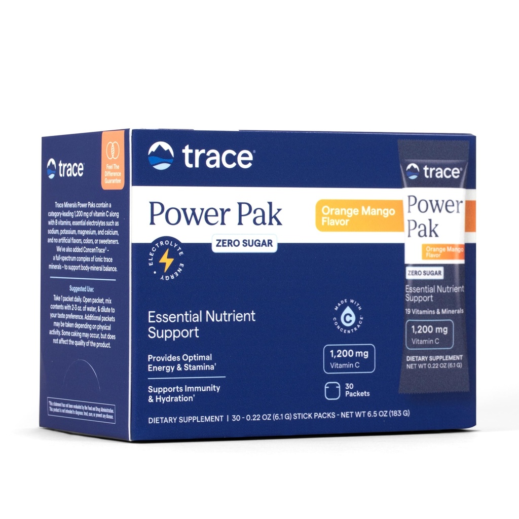 Trace Minerals Power Pak Multivitamin and Multimineral Packets - Soutien électrolytique - 1200 mg Vitamine C Plus 70 Sans sucre - Orange Mango Flavor - 30 Packets