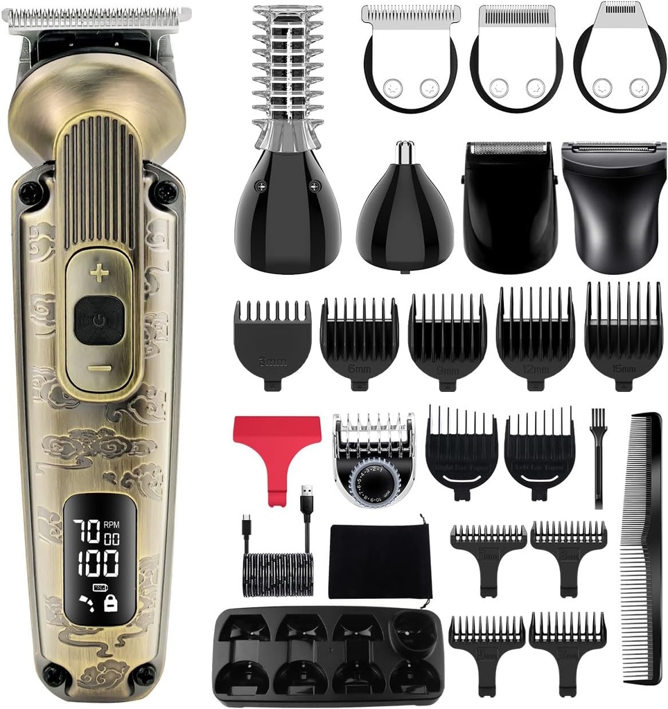 Hatteker Bard Trimmer Mustache Trimmer pour homme 8 en 1 Ajustable Speed Waterproof Clipper T-Blade Électique Rasoir Rasoir Hommes Sans fil Kit de grooming cadeau avec corps de nez visage (Bronze)