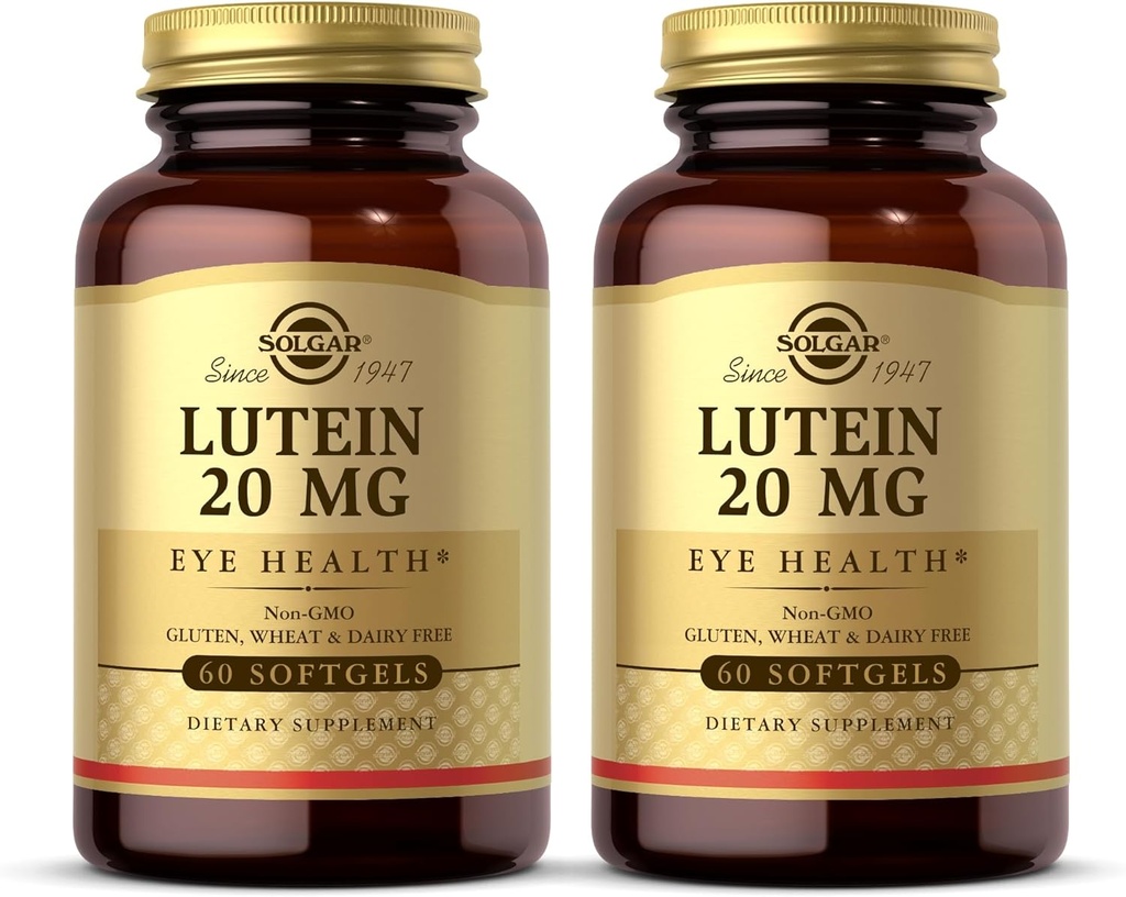 Solgar Lutein 20 mg, 60 Softgels (paquet de 2) - Soutient la santé des yeux - Aide à filtrer la lumière bleue - Contient FloraGLO Lutein - Non-OGM, sans gluten, sans lait - 120 portions totales
