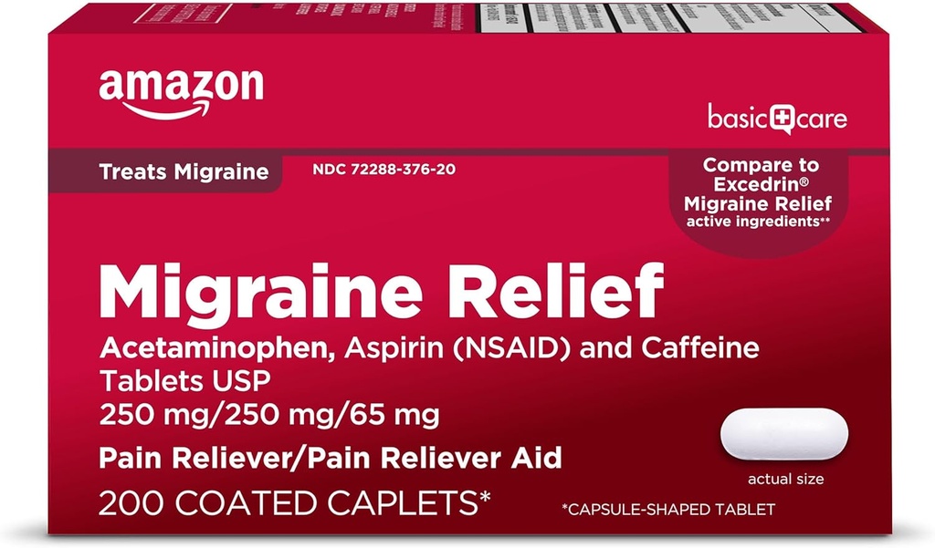 Soins de base Relief de la migraine, Acétaminophène, Aspirine (NSAID) et Comprimés de caféine, Aide à soulager les maux de tête et de douleur, 200 Nombre