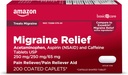 Soins de base Relief de la migraine, Acétaminophène, Aspirine (NSAID) et Comprimés de caféine, Aide à soulager les maux de tête et de douleur, 200 Nombre