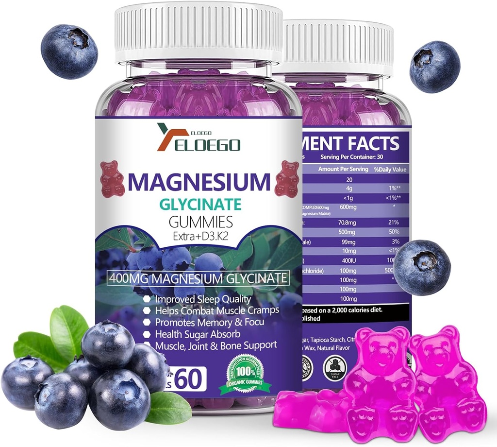 Gommies de magnésium 600mg par portion-glycinat de magnésium 400mg et malate de magnésium 200mg, extra K2 & D3, supplément de magnésium à haute absorption pour le sommeil, soulagement de la contrainte, soutien nerveux, bleuets(60 CT)
