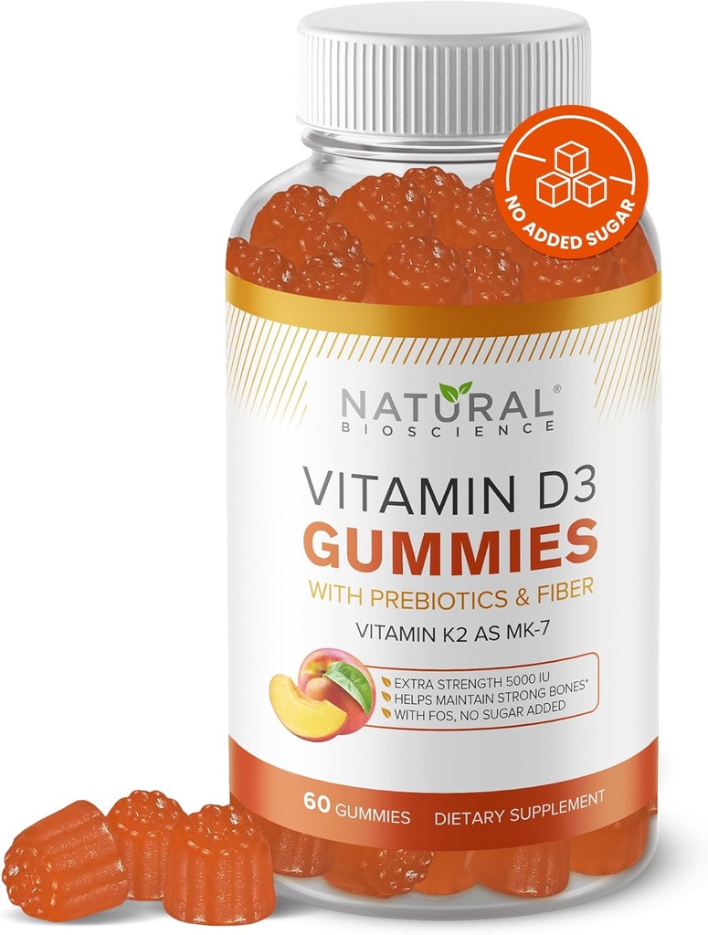 Vitamine sans sucre D3 K2 Gummies - Vitamine D3 Gummies 5000 UI+K2 MK7 80 mcg, K2 D3 Supplément de vitamine Adultes, Vitamine D K2 pour les os, Immune, Coeur, Mood, Sans gluten, Non-OGM, Saveur naturelle de pêche