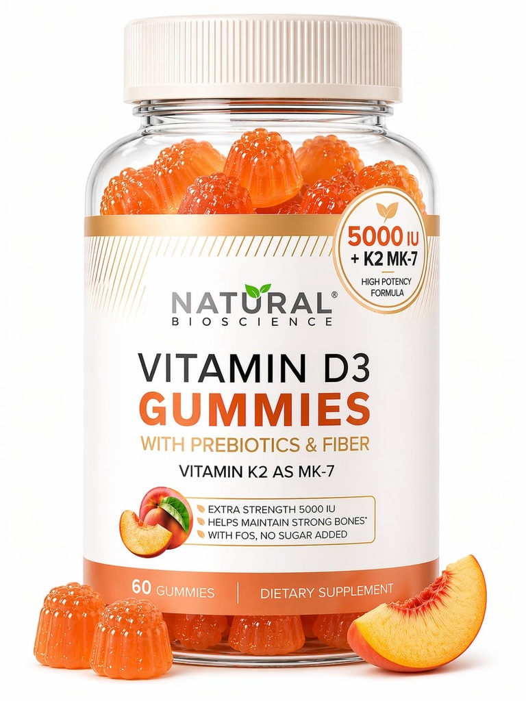 Vitamine sans sucre D3 K2 Gummies - Vitamine D3 Gummies 5000 UI+K2 MK7 80 mcg, K2 D3 Supplément de vitamine Adultes, Vitamine D K2 pour les os, Immune, Coeur, Mood, Sans gluten, Non-OGM, Saveur naturelle de pêche