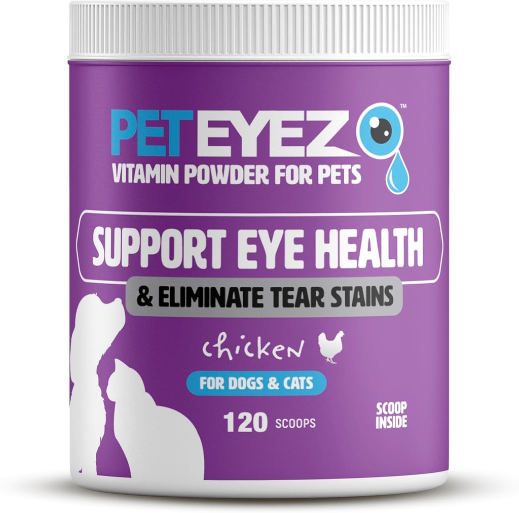 Animal Eyez Vitamine Powder pour animaux de compagnie - soutient la santé des yeux et réduit l'accumulation de taches de la tear - Topper alimentaire 100% naturel pour les chiens et les chats avec des superaliments, des antioxydants et des nutriments - Saveur de poulet - 120 Scoops