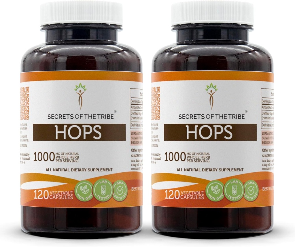 Secrets de la Tribe Hop 120 Capsules(2 pcs.), 1000 mg, Hop (Humulus Lupulus) Fleur séchée (2x120 Capsules)