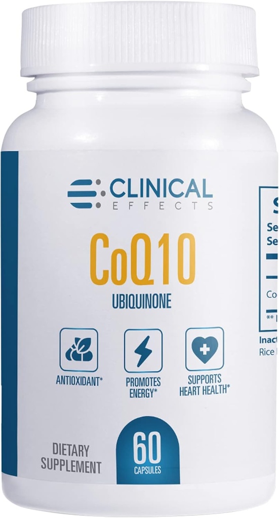 Effets cliniques Supplément CoQ10 - Coenzyme Q10 200mg - 30 jours d'approvisionnement - Supplément antioxydant Ubiquinone pour la santé cardiaque, les fonctions cognitives et le soutien énergétique - 1 Capsule par jour - Fabriqué aux États-Unis