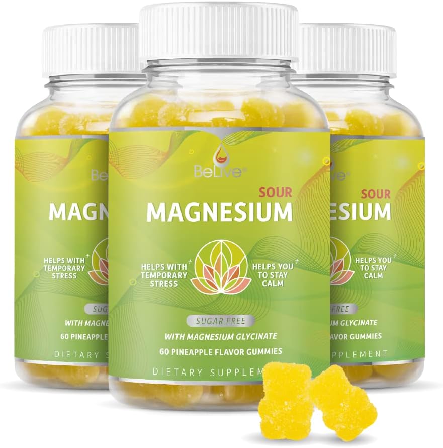 Gommies de magnésium BeLive 200mg - 60 Ct. Suppléments de glycine de magnésium pour la relaxation, le stress et le sommeil pour les adultes et les enfants - Saveur d'ananas savoureux et Tangy (3)