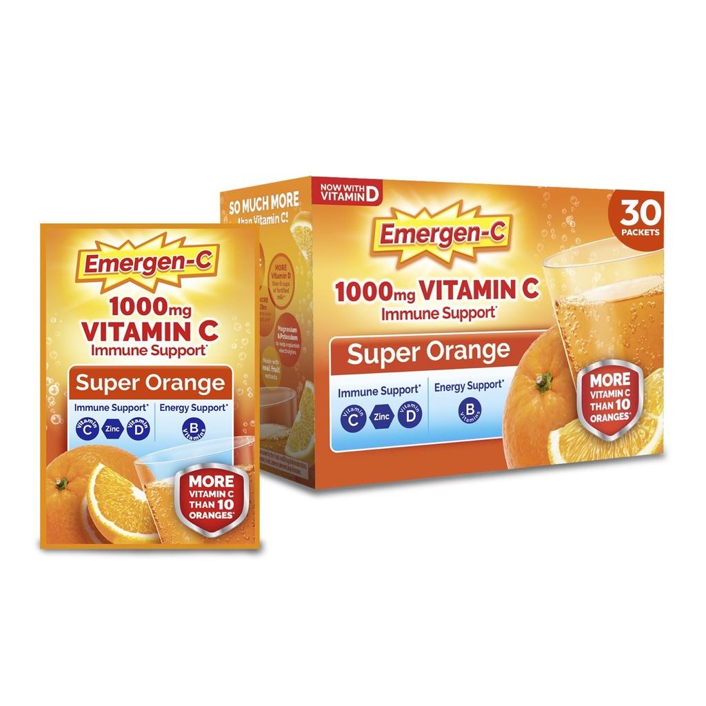 Emergen-C 1000mg Vitamine C Poudre pour Imune quotidienne Soutien Sans caféine suppléments de vitamine C avec le zinc et le manganèse, B vitamines et électrolytes, Super Orange Flavor - 30 Compte