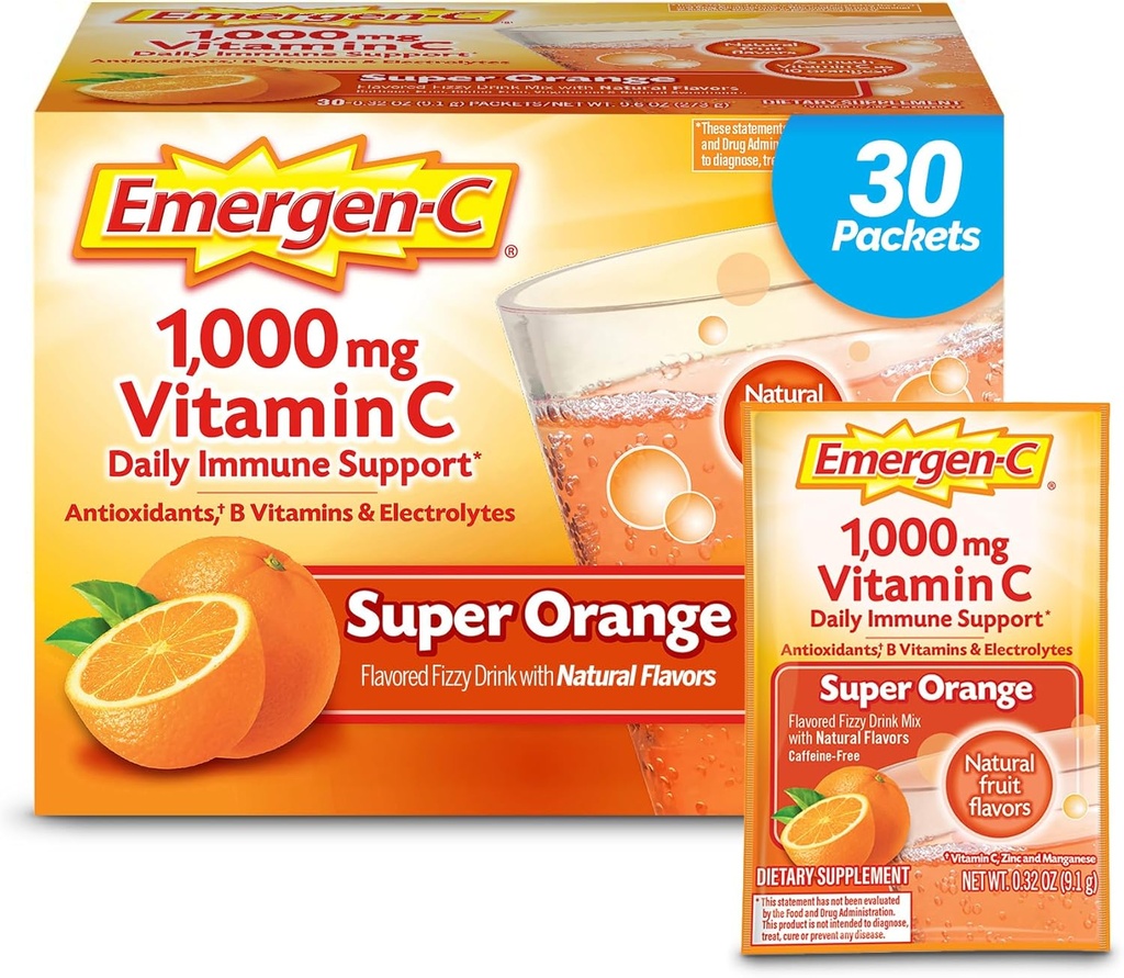 Emergen-C 1000mg Vitamine C Poudre pour Imune quotidienne Soutien Sans caféine suppléments de vitamine C avec le zinc et le manganèse, B vitamines et électrolytes, Super Orange Flavor - 30 Compte