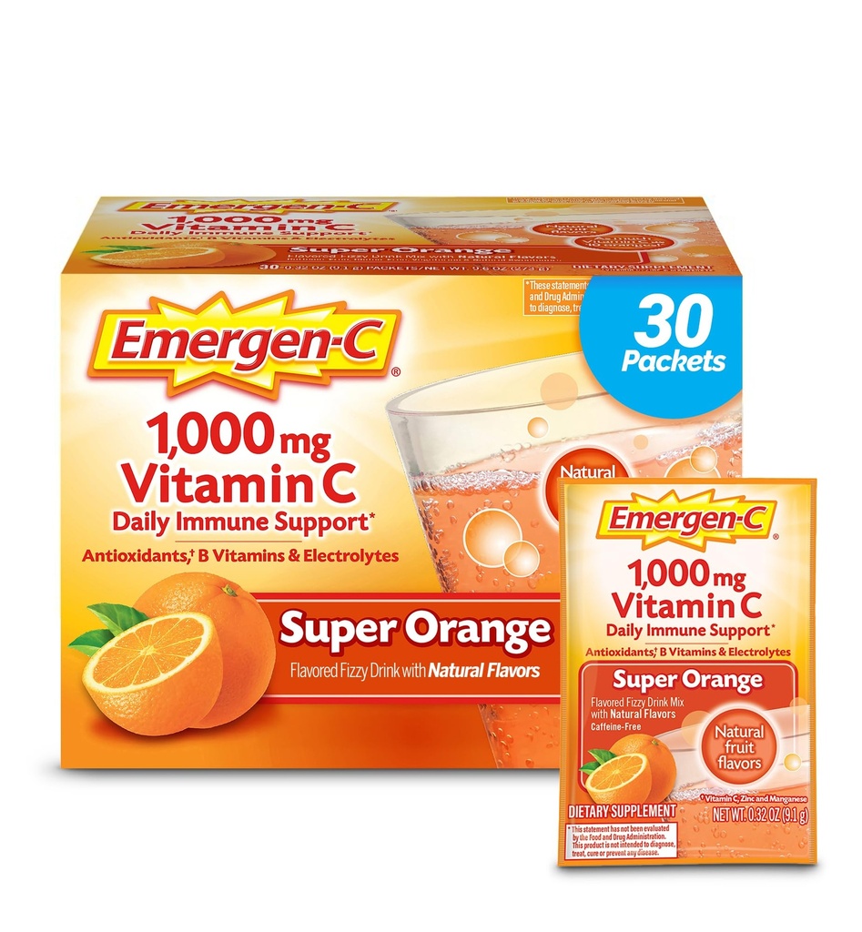 Emergen-C 1000mg Vitamine C Poudre pour Imune quotidienne Soutien Sans caféine suppléments de vitamine C avec le zinc et le manganèse, B vitamines et électrolytes, Super Orange Flavor - 30 Compte